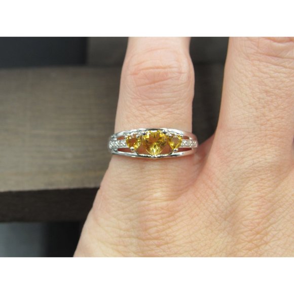 Size 6 Sterling Silver Triple Heart Citrine And Diamond Accent Band Ring Vintage - Picture 4 of 8